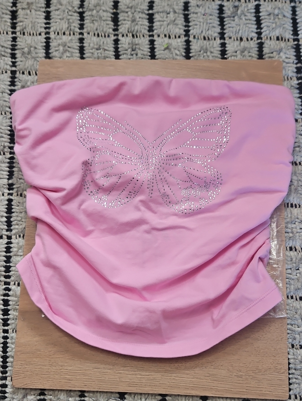 PINK VICTORIA'S SECRET All Day Ruched Tube Top Y2K PINK BUTTERFLY BLING New Med - Picture 1 of 12